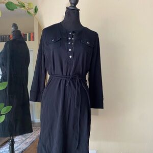 Long sleeve black dress tie waist button front cozy elegant xl Ralph Lauren midi
